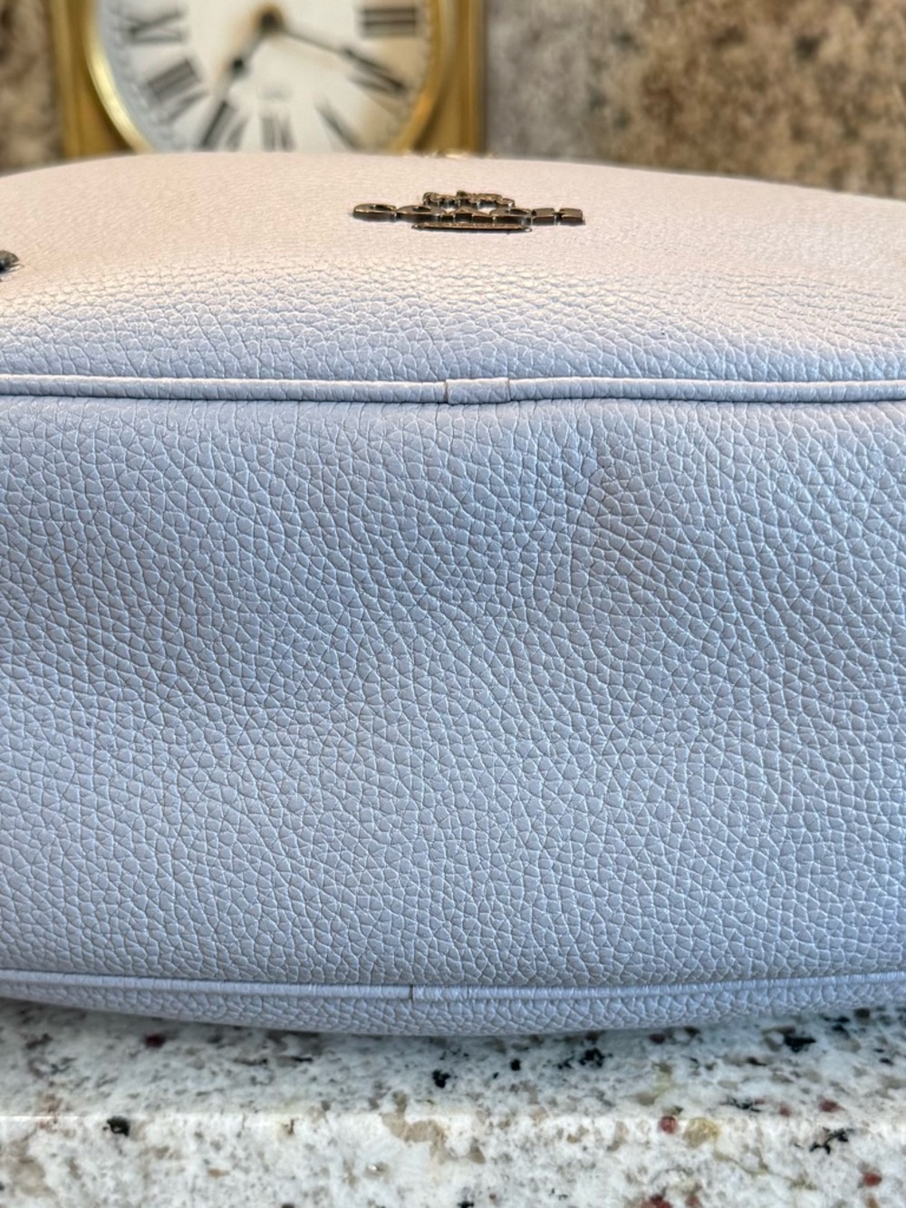 Coach Light Blue-Gray Pebble Leather Shoulder Hobo with Floral Stud Accents. - Picture 3 of 9